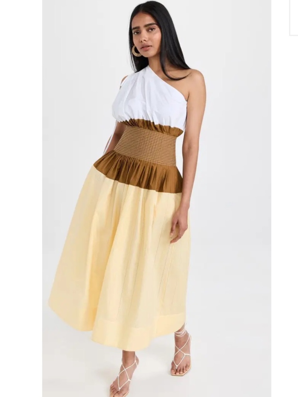 Tory Burch One-Shoulder Colorblock Maxi Dress in White, Brown, and Cream 10